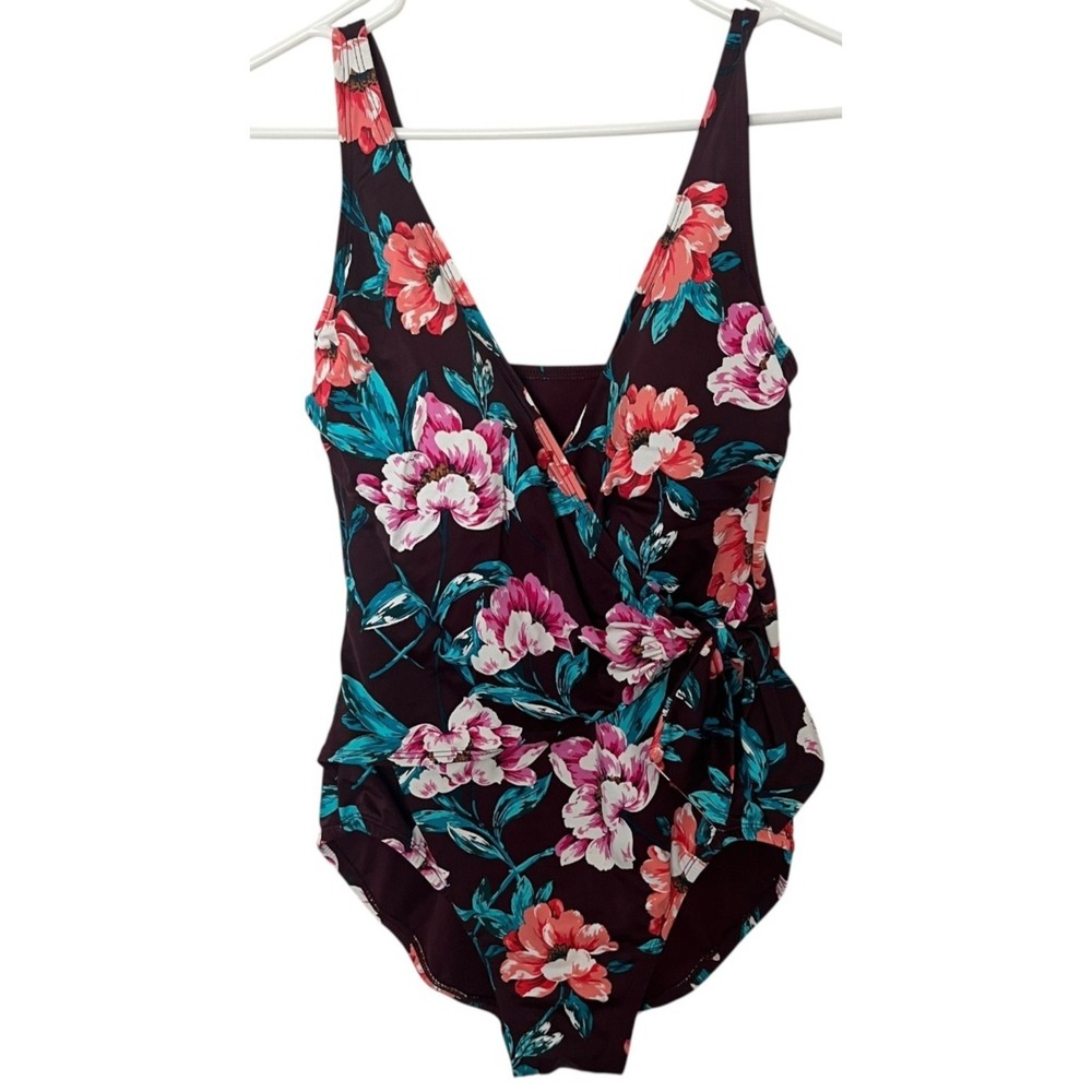 Embrace Your Curves Miracle Brands Floral One Piece Swimsuit Burgundy Medium 8
